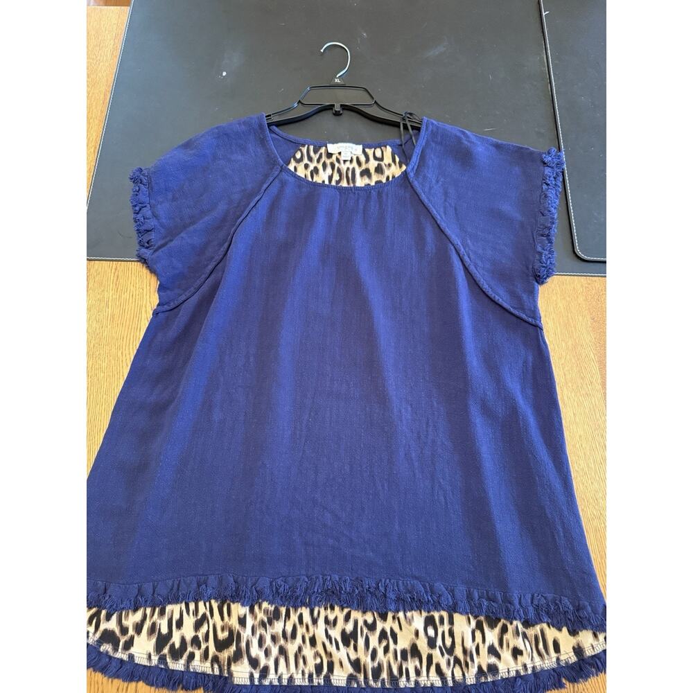 UMGEE Blue Leopard Print Fringe Relaxed Tunic Blouse Short Sleeve 1XL